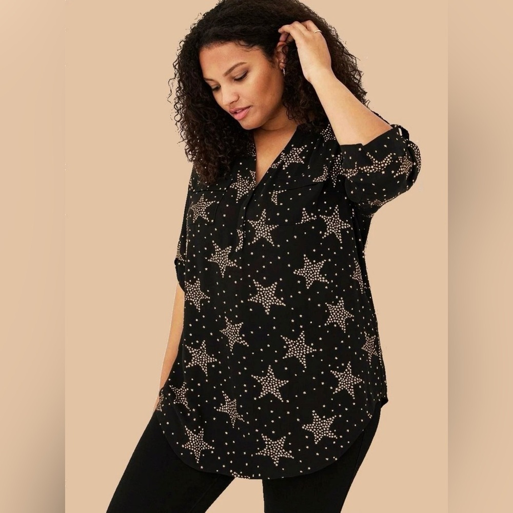 Torrid Harper Georgette Pullover 3/4 Sleeve Tunic Blouse Size 0 Large Black Gold
